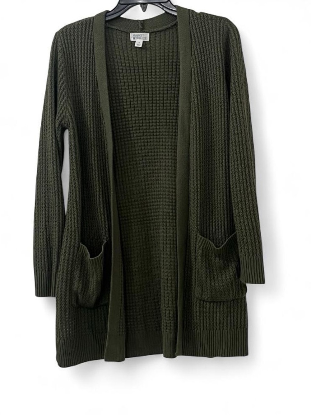 Market & Spruce Olive Green Open-Front Waffle Knit Cardigan